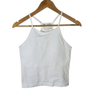 LASLULU White Ribbed Tank Top Sleeveless Crop‎ Top Racerback Stretch Womens L